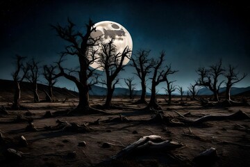 Dead trees at night in rocky field in front of huge moon