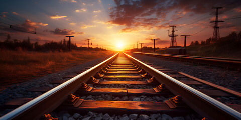 Railway transport rushing along rails forward against background of setting sun, - obrazy, fototapety, plakaty