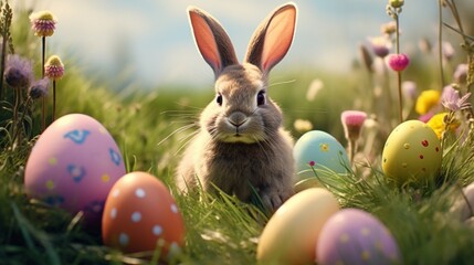 Fototapeta na wymiar Easter bunny and Easter eggs on green grass