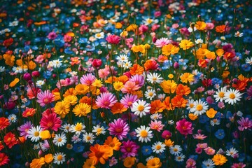 Beautiful meadow full of spring flowers, blossoming flower petals, colorful