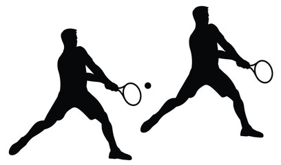 Two black silhouettes of tennis player who hits the ball with a racket holding it with two hands at backhand