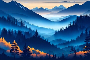 Vector illustration of beautiful dark blue mountain landscape with fog and forest. sunrise and sunset in mountains