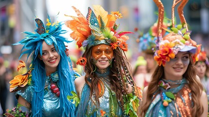 Naklejka premium Earth day. Magazine cover style, vibrant Earth Day parade, colorful costumes and eco-friendly floats, urban backdrop