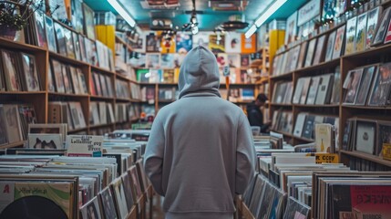 Inside a vintage record store, a music enthusiast wears a heather gray hoodie, the soft fabric echoing the nostalgia of vinyl records and classic tunes, mockup