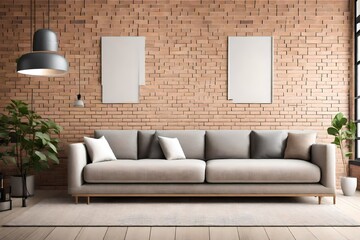 Mock up modern living room with large comfortable sofa and brick wall background