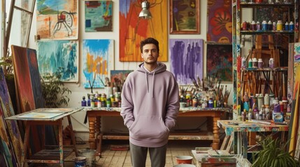 Fototapeta na wymiar In an artist's studio filled with vibrant paints, a creative guy wears a muted lavender-gray hoodie, the soft color echoing the artistic energy, mockup