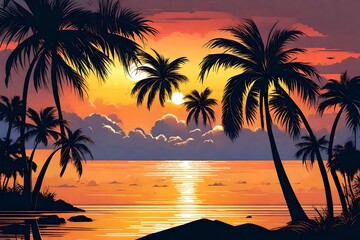 Vector illustration of two palms on tropical sunset