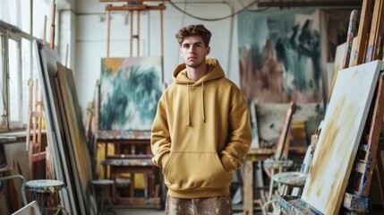 In an artist's studio filled with canvases and paint, a creative guy wears a muted mustard yellow hoodie, the artistic setting enhancing the hoodie's unique charm, mockup