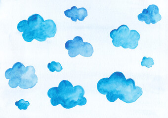 Watercolour background with blue clouds. Cute illustration of the sky. For decor, print, design, websites, postcards, textiles. Paper texture. Smudge technique.