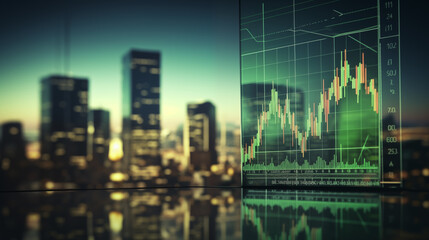 stock market chart with green rising candles on a monitor with financial district blurred in the background