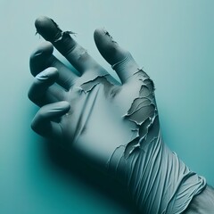 Close up of hand Wearing torn medical gloves or torn rubber gloves on blue and green or Tiffany Blue color background.monotone coclor