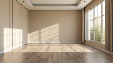 Brighten up any space with this minimalist empty room featuring beige walls and sleek laminated flooring, creating a contemporary and inviting atmosphere.