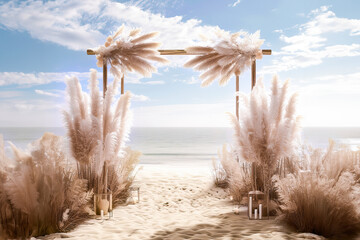 A wedding arch on the ocean in a trendy boho style. An off-site wedding ceremony on the coast