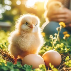 cute little tiny newborn yellow baby chick and three chicken farmer eggs in the green grass on nature outdoor. banner. flare