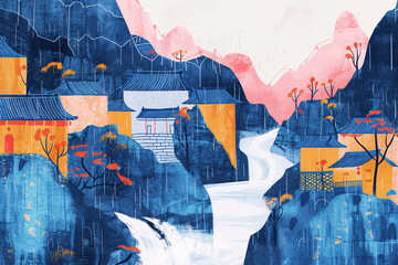Illustrations of ancient Chinese-style rural buildings, illustrations of travel scenes of Chinese-style rural outdoor attractions