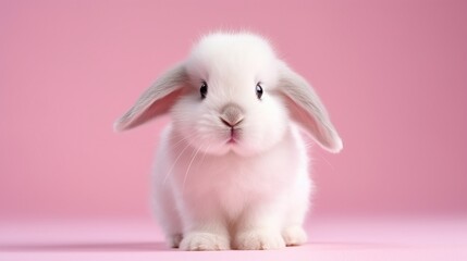 Front view of white cute baby holland lop rabbit standing on pink background. Lovely action of young rabbit
