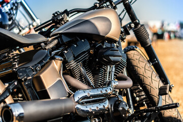 Fototapeta na wymiar Close-up of the engine of a custom chopper motorcycle.