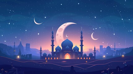 Ramadan greeting card on blue background. Vector illustration. Ramadan Kareem means Ramadan is generous, generative ai, - obrazy, fototapety, plakaty