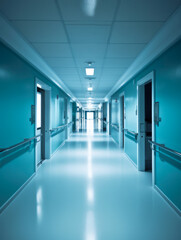 Obraz premium Empty hospital corridor with blue walls and row of lamps