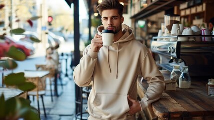 In a cozy coffee shop, a charismatic male model sips on a latte while casually flaunting a beige hoodie, effortlessly blending comfort and style, mockup