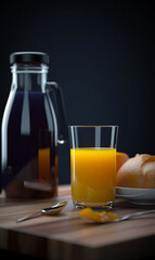 Glass of orange juice and bottle of black tea on wooden table