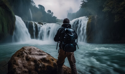 Man stands in front of waterfall with backpack on.