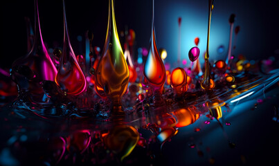 Colorful oil drops in motion on reflective surface - obrazy, fototapety, plakaty