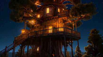 Tree house with lights. Treehouse lit up at night