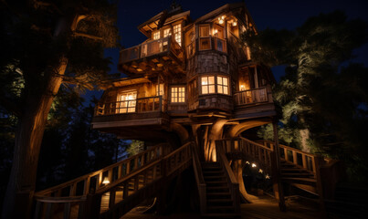 Fototapeta premium Tree house with lights. Treehouse lit up at night