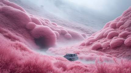 A truck is driving down a dirt road in a field of grass. The sky is blue with white clouds, but the clouds in the image are pink.