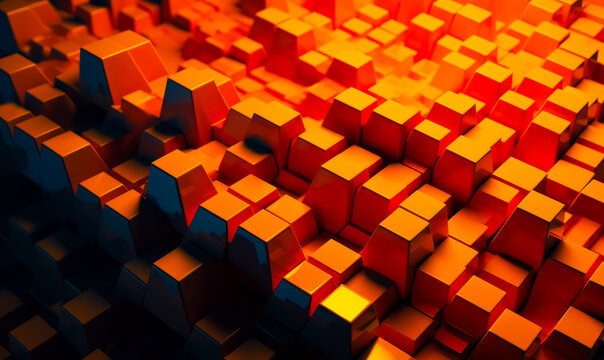 3D render of abstract background of orange and red cubes