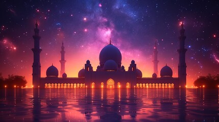 Ramadan greeting card on violet background. illustration, generative ai - obrazy, fototapety, plakaty