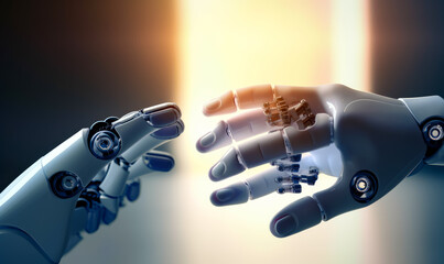 Robot hand and human hand with puzzle - obrazy, fototapety, plakaty