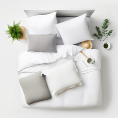 White linen bed with pillows and green plants in pots on white background top view