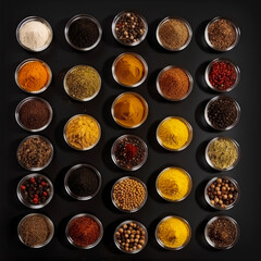 Selection of various colorful spices on black background
