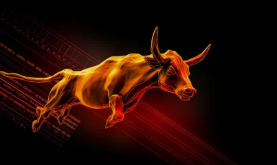 Rolgordijnen Red bull or bull market financial concept as financial trading symbol for bullish investing in bull market with 3D illustration elements. © Vadim
