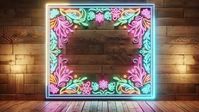 Neon square frame with a pattern of flowers on a wooden background.