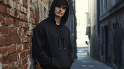 In a dimly lit urban alley, a tall and brooding male model confidently poses in a plain black hoodie, the hood casting shadows over his sharp jawline, mockup