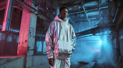 In a futuristic urban setting, a fashion-forward male model poses in a silver metallic hoodie, the reflective material adding a futuristic and edgy element, mockup