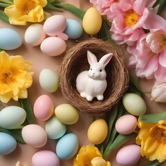 Easter celebration concept. Top view photo of colorful easter eggs small baskets ceramic bunnies yellow and pink tulips on isolated pastel beige background with copyspace 
