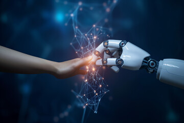Robot AI, Machine learning, Hands of robot and human touching on big data network connection background, AI generate.