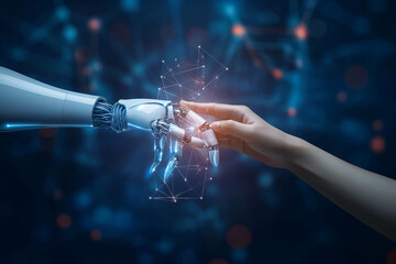 Robot AI, Machine learning, Hands of robot and human touching on big data network connection background, AI generate.