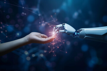 Robot AI, Machine learning, Hands of robot and human touching on big data network connection background, AI generate.