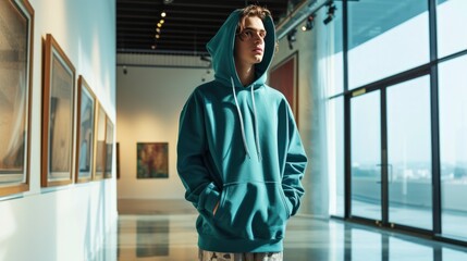 In a modern art museum, a sophisticated man showcases a deep teal hoodie, the unconventional color...