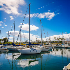 lifestyle photo sailboats anchored in a harbor.