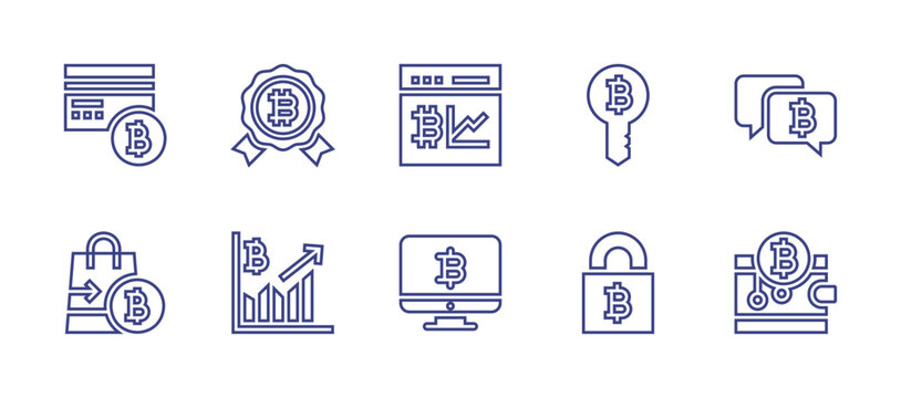 Bitcoin line icon set. Editable stroke. Vector illustration. Containing bitcoin, computer, lock, wallet, key, chat, reward, credit card, graph, shopping bag.