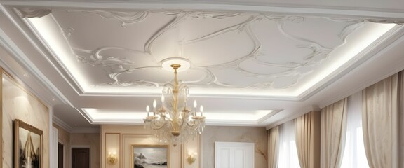 a sample of the design of a stretch ceiling with 3d wallpaper. decorative frame on marble background