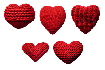 collection of red knitted hearts , Isolated on transparent PNG background, Generative ai