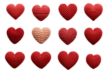 collection of red knitted hearts , Isolated on transparent PNG background, Generative ai