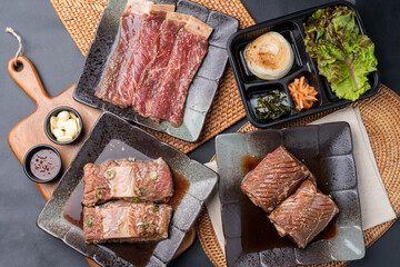 beef, ribs, seasoning, pork, Korean food, grilled meat, grill, side dish, lettuce, onion, garlic, vegetables